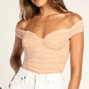 Lulus Blush Pink Ruched Mesh Off-The-Shoulder Bodysuit